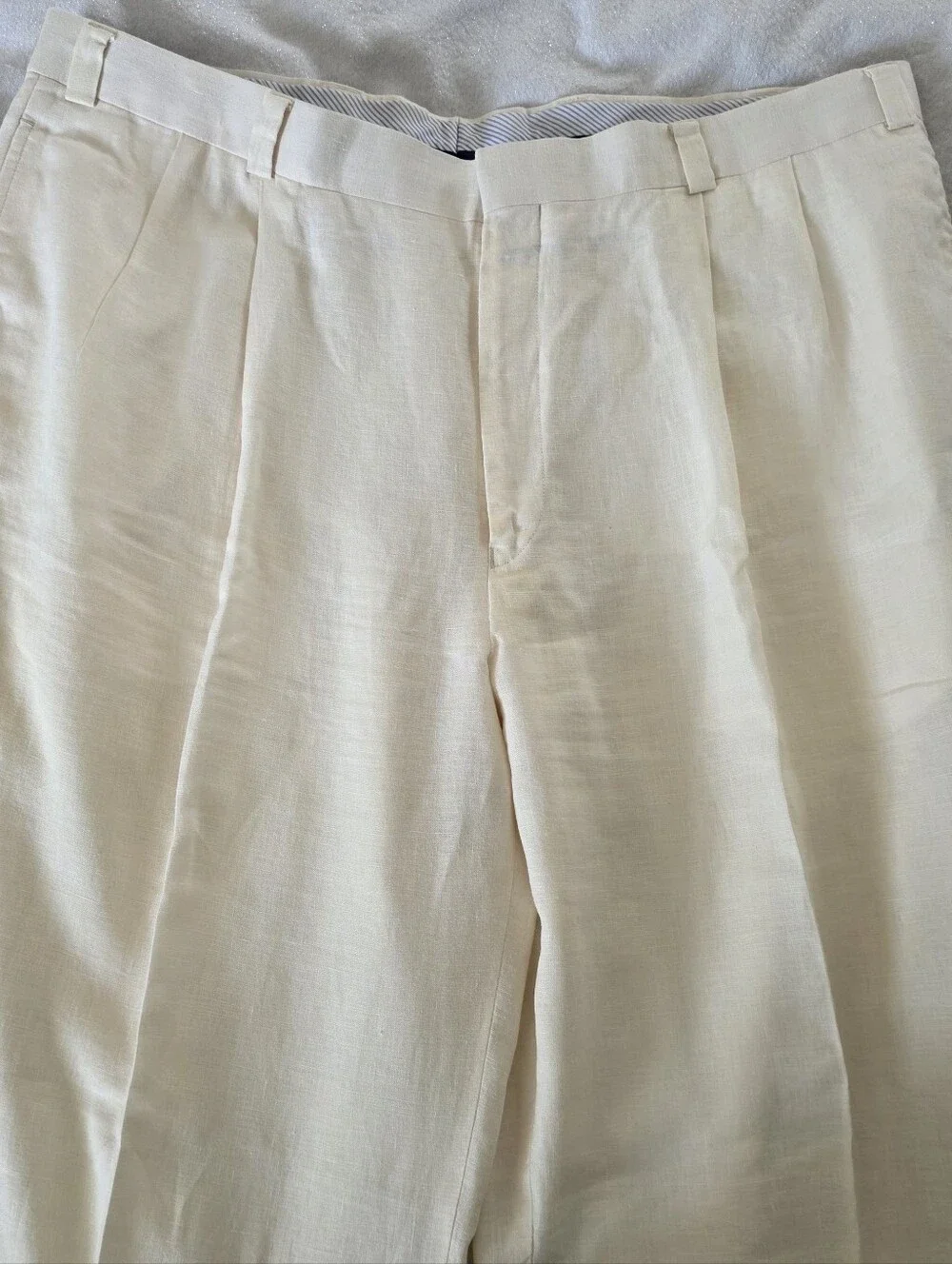 Men's 100% Linen Pleated Dress Trousers  Cream Ivory Cuffed Beach Wedding 40x30